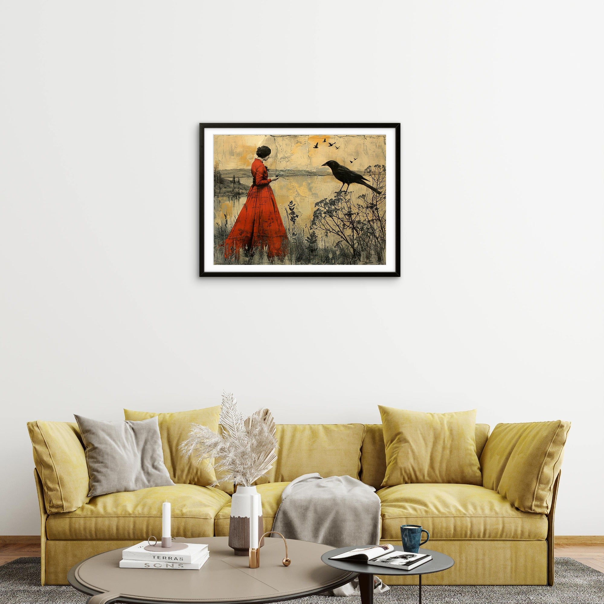 Red Dress Woman with Bird