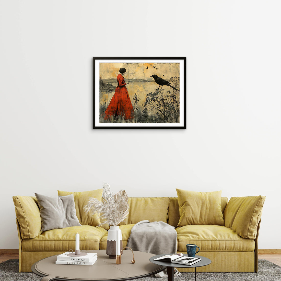 Red Dress Woman with Bird