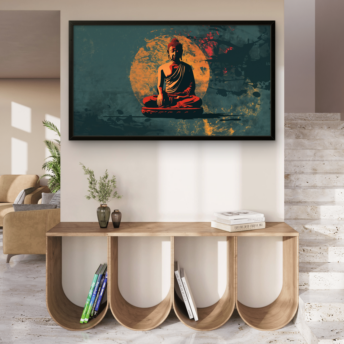 Gautam Bhuddha Dark Green Peace art Painting on Canvas