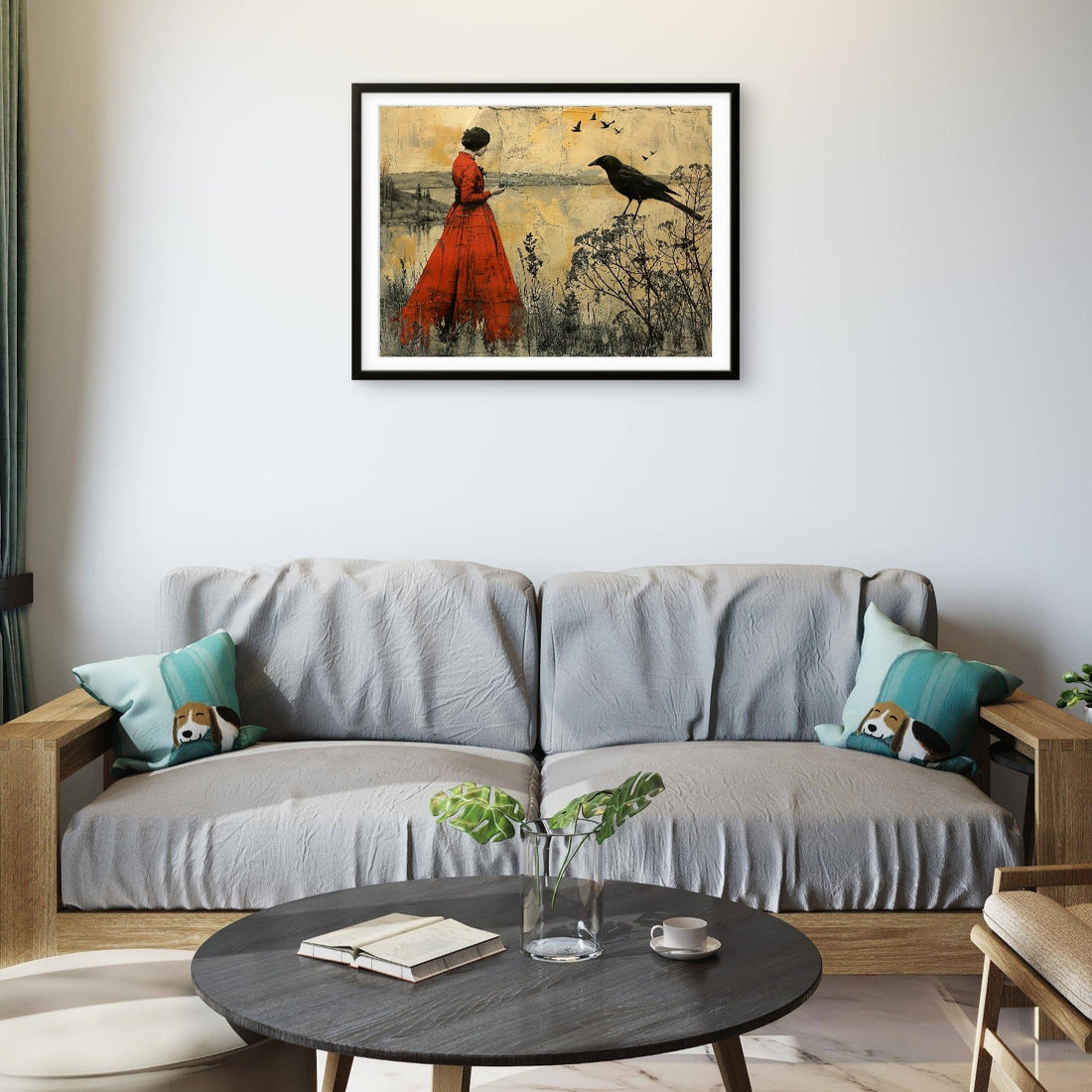 Red Dress Woman with Bird