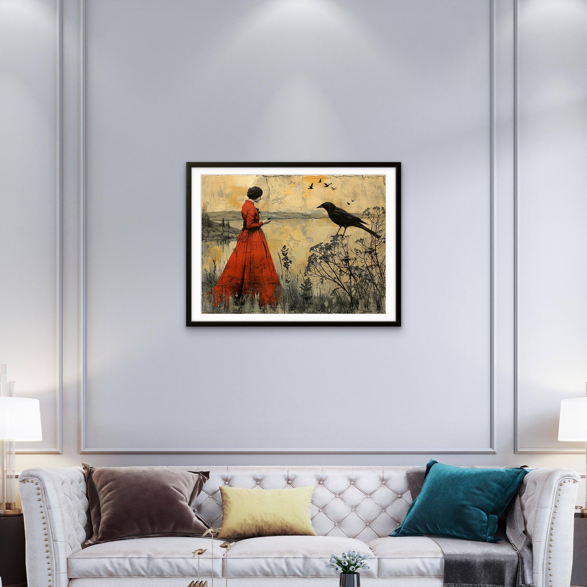 Red Dress Woman with Bird