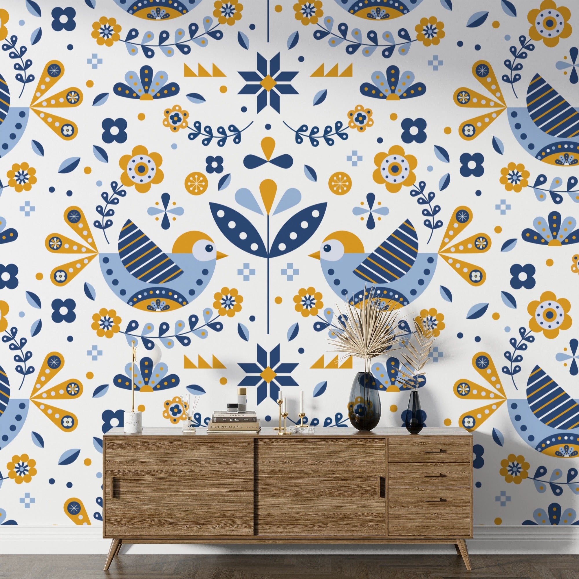 Floral Wallpaper with Chirping Birds