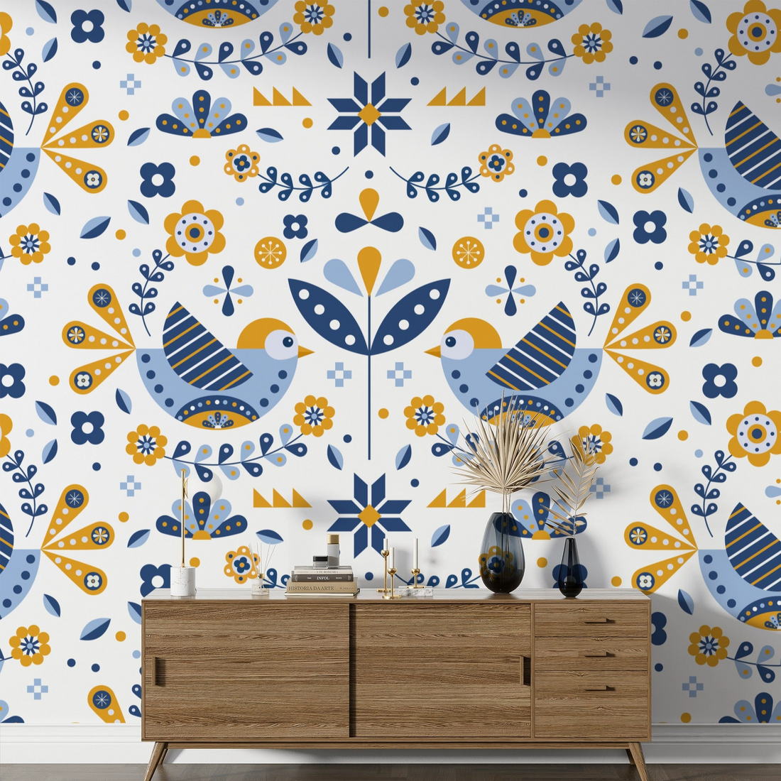 Floral Wallpaper with Chirping Birds