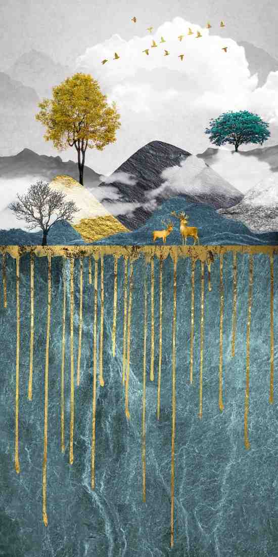 Up and Down Wildlife Goldern art Luxury Painting on Canvas