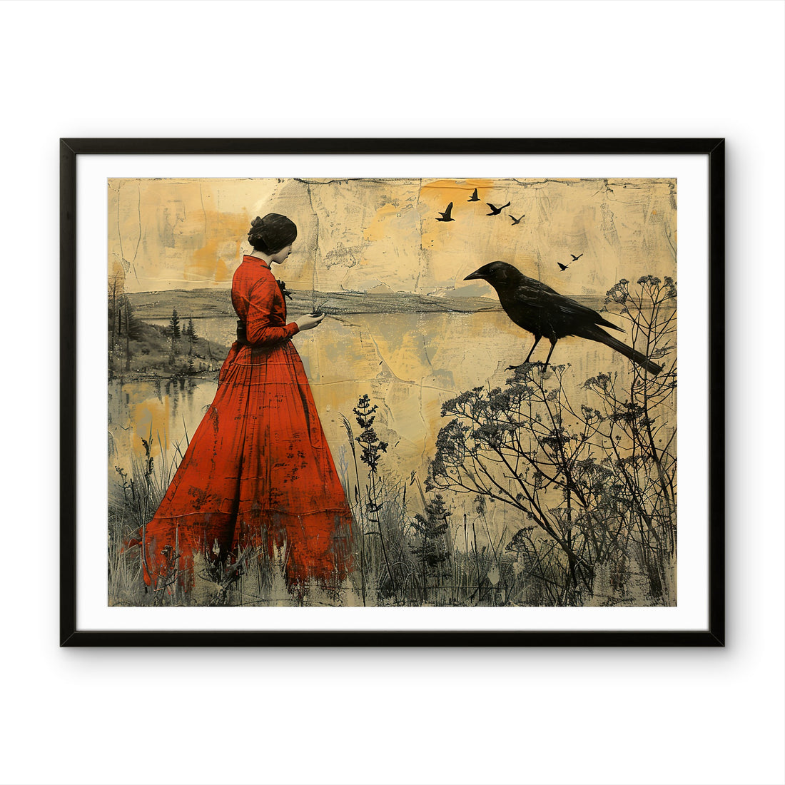 Red Dress Woman with Bird