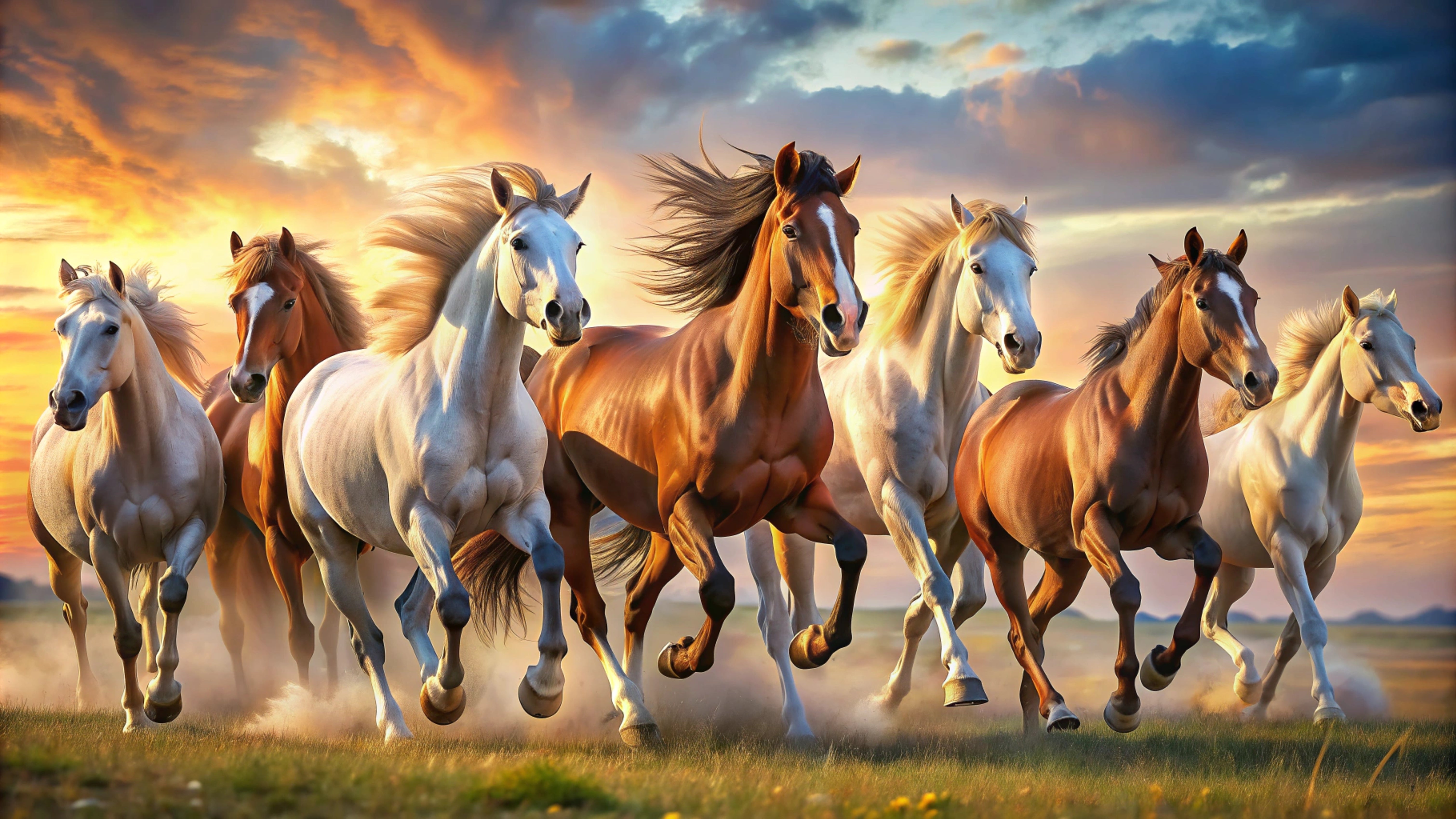 Seven Running Horses in Field