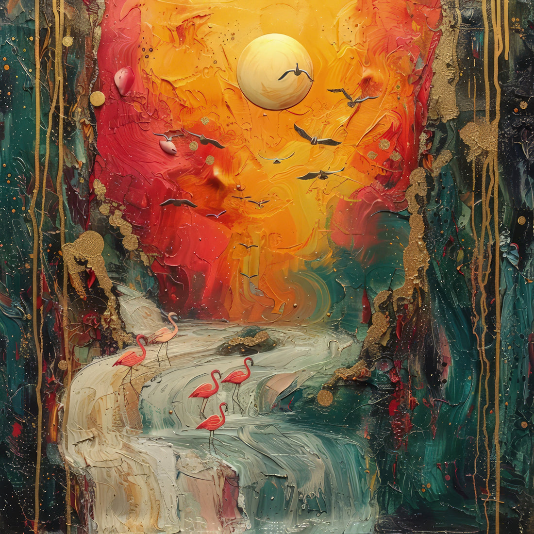 Rising Waterfall with Birds