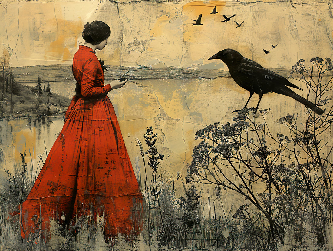 Red Dress Woman with Bird